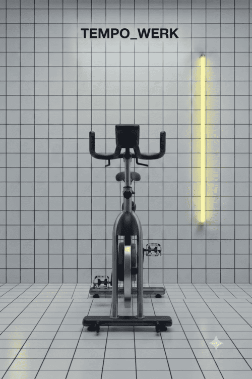 Stilingas sidabrinės spalvos stacionarus dviratis namų sportui minimalistiniame plytelių fone